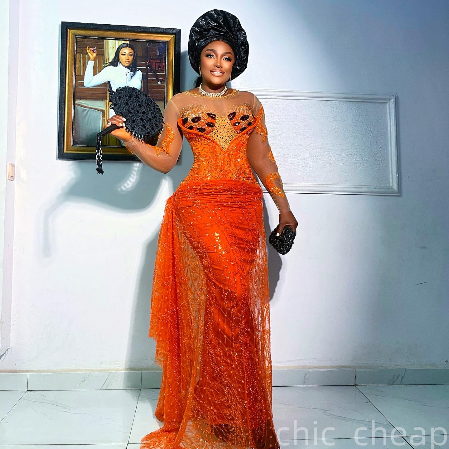 Aso Ebi Sheath Orange Prom Dresses 2026 Beaded Sheer Neck Full Sleeves Evening Formal Party Second Birthday Engagement Gowns Plus Size Dress For Speci