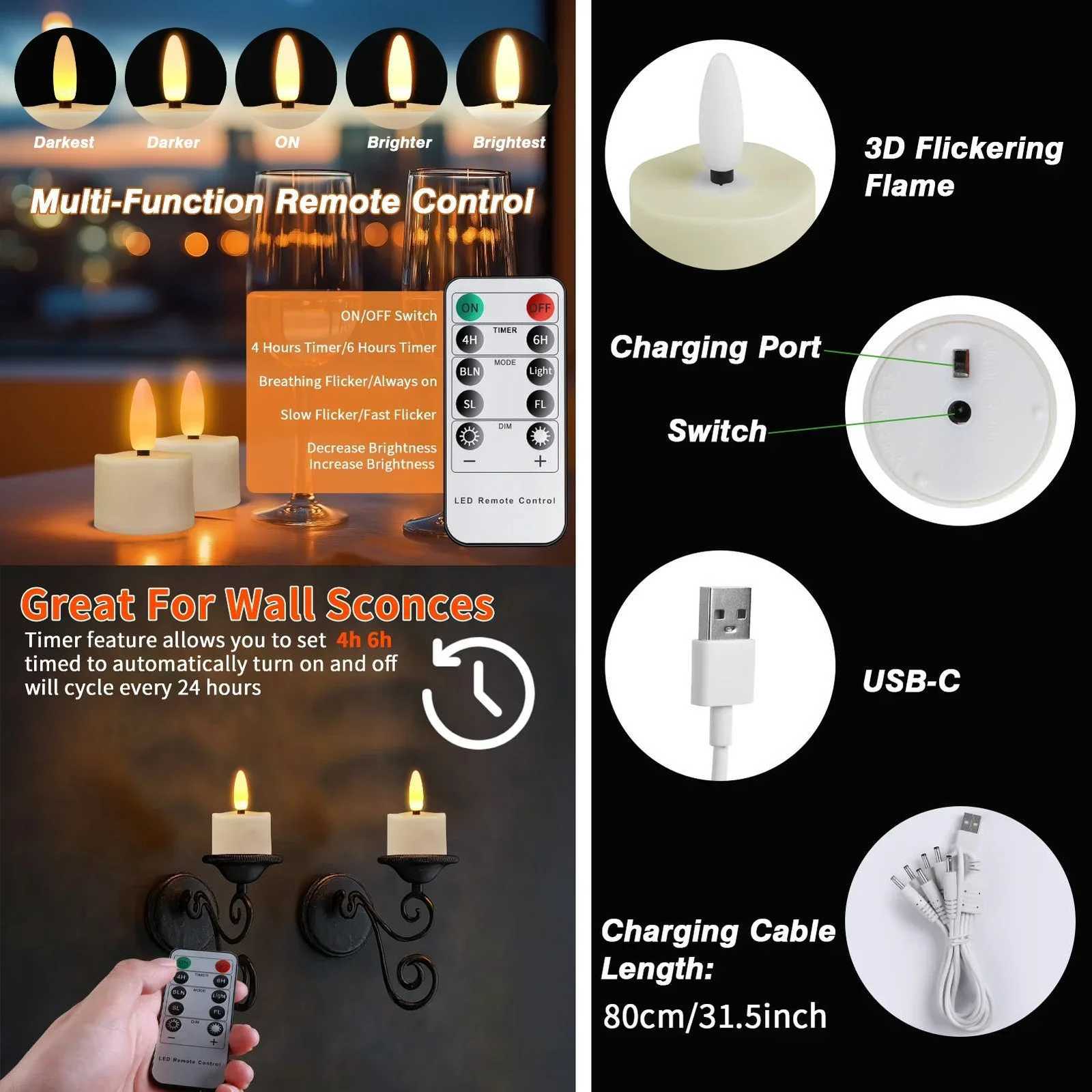 6/12Pack Rechargeable Flameless Candles Flickering LED Tea Light Candles 3D Wick Battery Operated Electronic Candle Lamp W251107