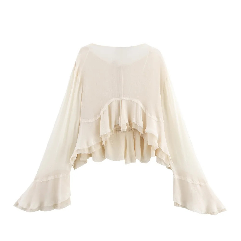 ZBZA Womens Lace Ruffle Shirt Loose Ship Neck Collar Sleeve Solid Single breasted Short SpringSummer Fashion Top 250407