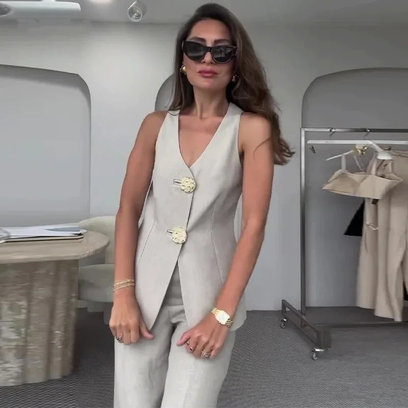 Elegant solid twopiece fashionable womens sexy Vneck single chest vest wide leg pants set casual street outfit 250407