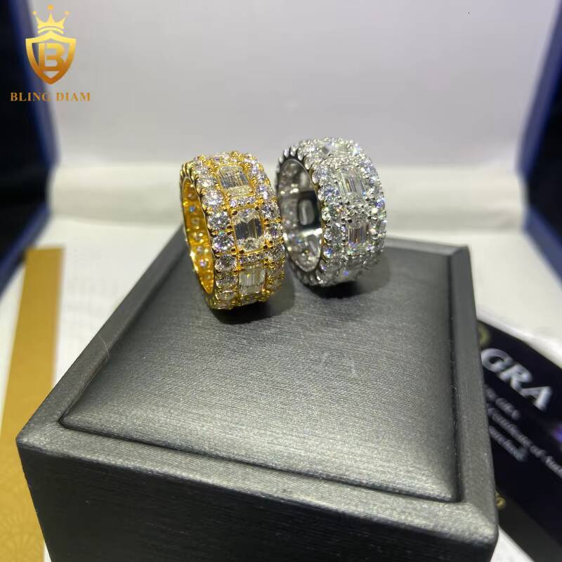 Luxury Full Diamond 925 Silver Ring Men HipHop Emerald Cut Moissanite Rings Iced Out Moissanite Ring GRA Pass Diamond Test Rings