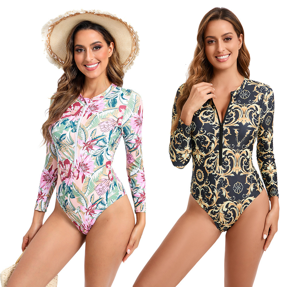 Fashion digital printed long sleeved zipper jumpsuit tight triangle pants conservative small fresh swimsuit for women