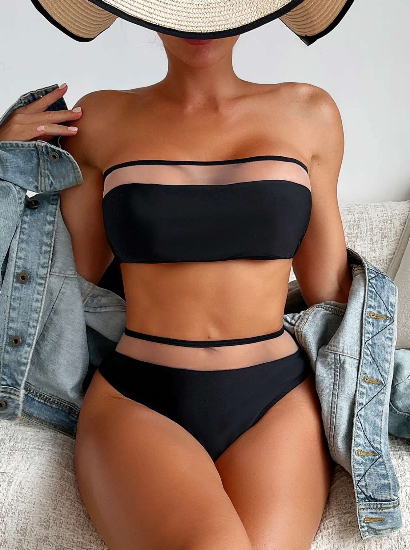 Dongdumaoyi Sexy Bandeau Bikini Women Black Mesh Patchwork Push Up Micro Swimsuit Transparent Bathing Suit High Waist Swimwear Biquini