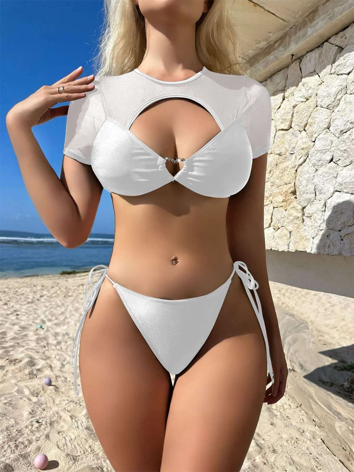 Dongdumaoyi Sexy Swimsuit Women Bikinis Black Mesh Short Sleeve Rhinestone Heart Designer Push Up Bikini Bathing Suit Thong Swimwear