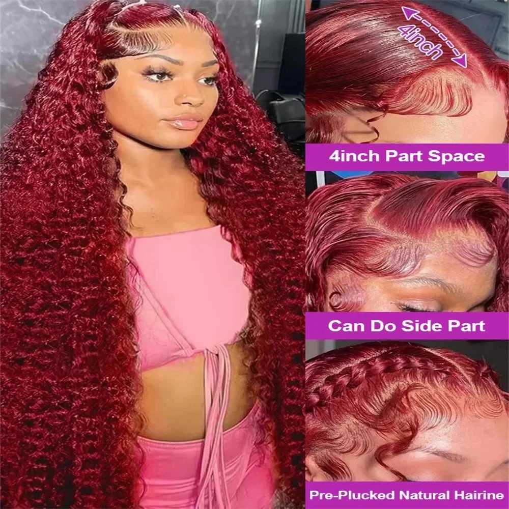 99J Burgundy 13x6 Hd Lace Frontal Human Hair Wig 30inch Red Colored Curly Wigs 13x4 Hd Lace Water Deep Wave Frontal Wig Prepluck W251107