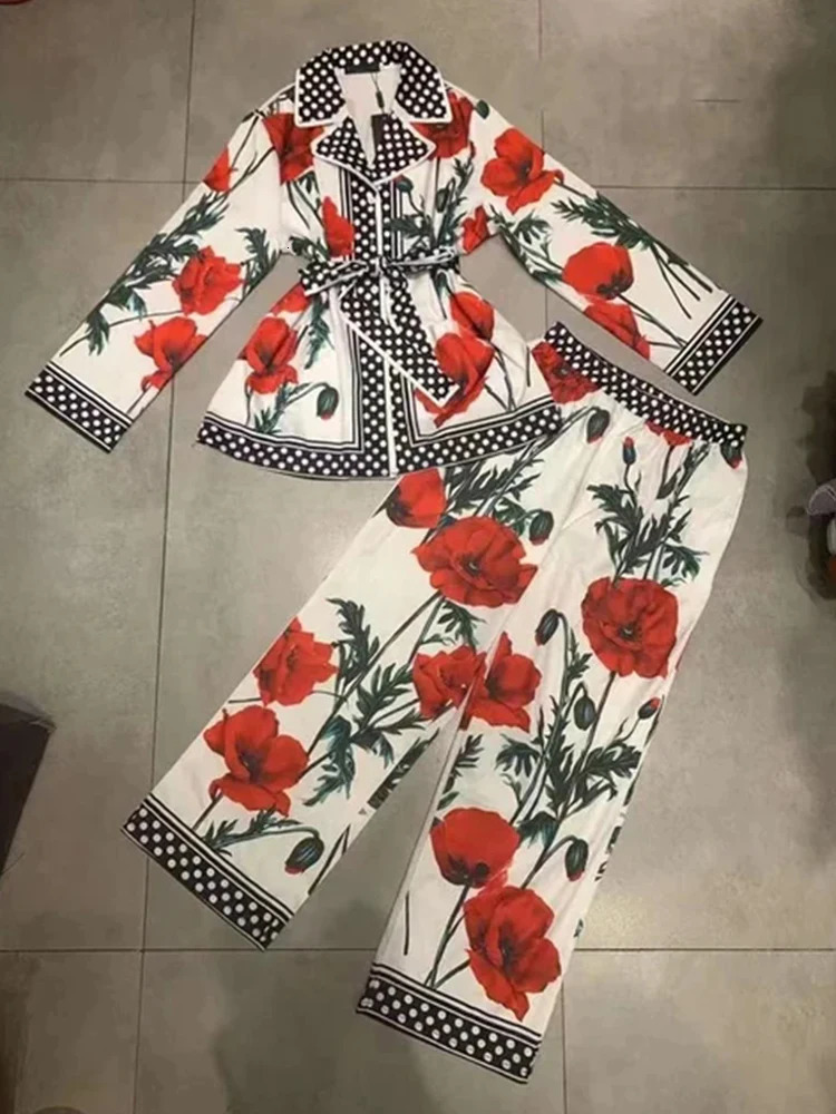 Retro geometric print loose pajama shirt twopiece set for spring womens clothingelastic waist wide leg pants fashion 250407