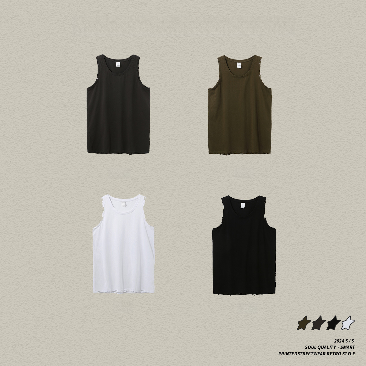 2025 Summer New Product: Washed Water Piercing Camback Top, American Trendy Brand Loose Sleeveless Solid Color Men's Tank Top