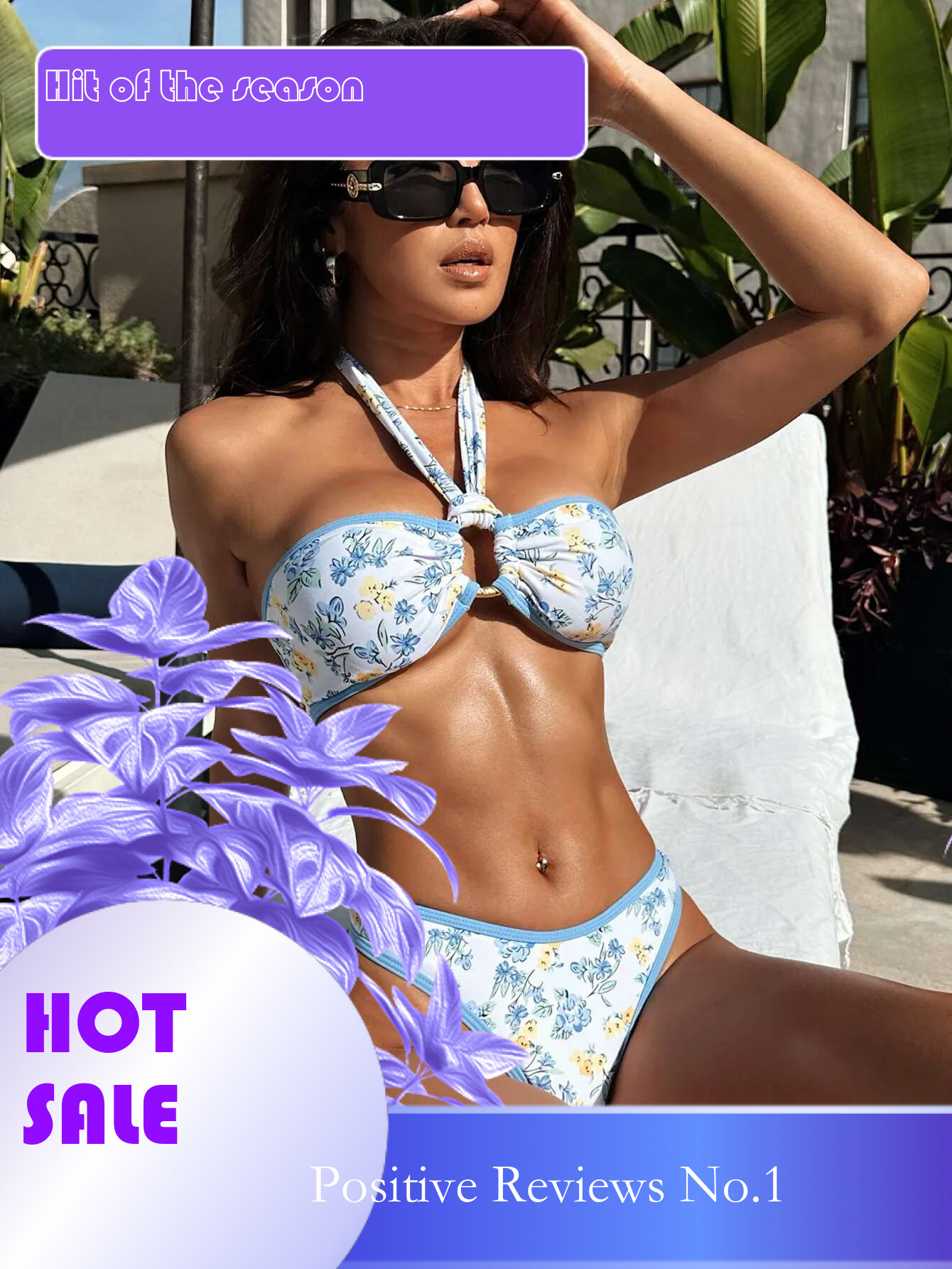 Dongdumaoyi Sexy Blue Floral Print Bikini Set Women Halter Ring Link Pleate Push Up High Waist Swimsuit Bathing Suit Two Piece Swimwear
