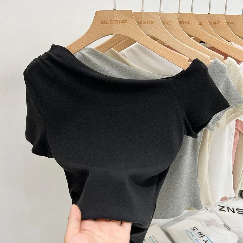 AOSSVIAO Womens Long Sleeve Shoulder Tshirt Tight Knitted Sexy Slimming Casual Basic Top Cutting 250407