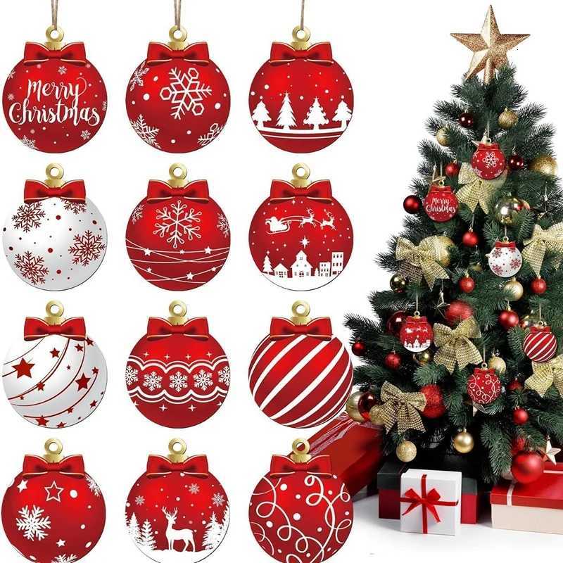 12/24/36PCS Christmas Balls Ornament Wood Christmas Tree Red Ball Pendant New Year Christmas Decoration Navidad Hanging Decor W251107