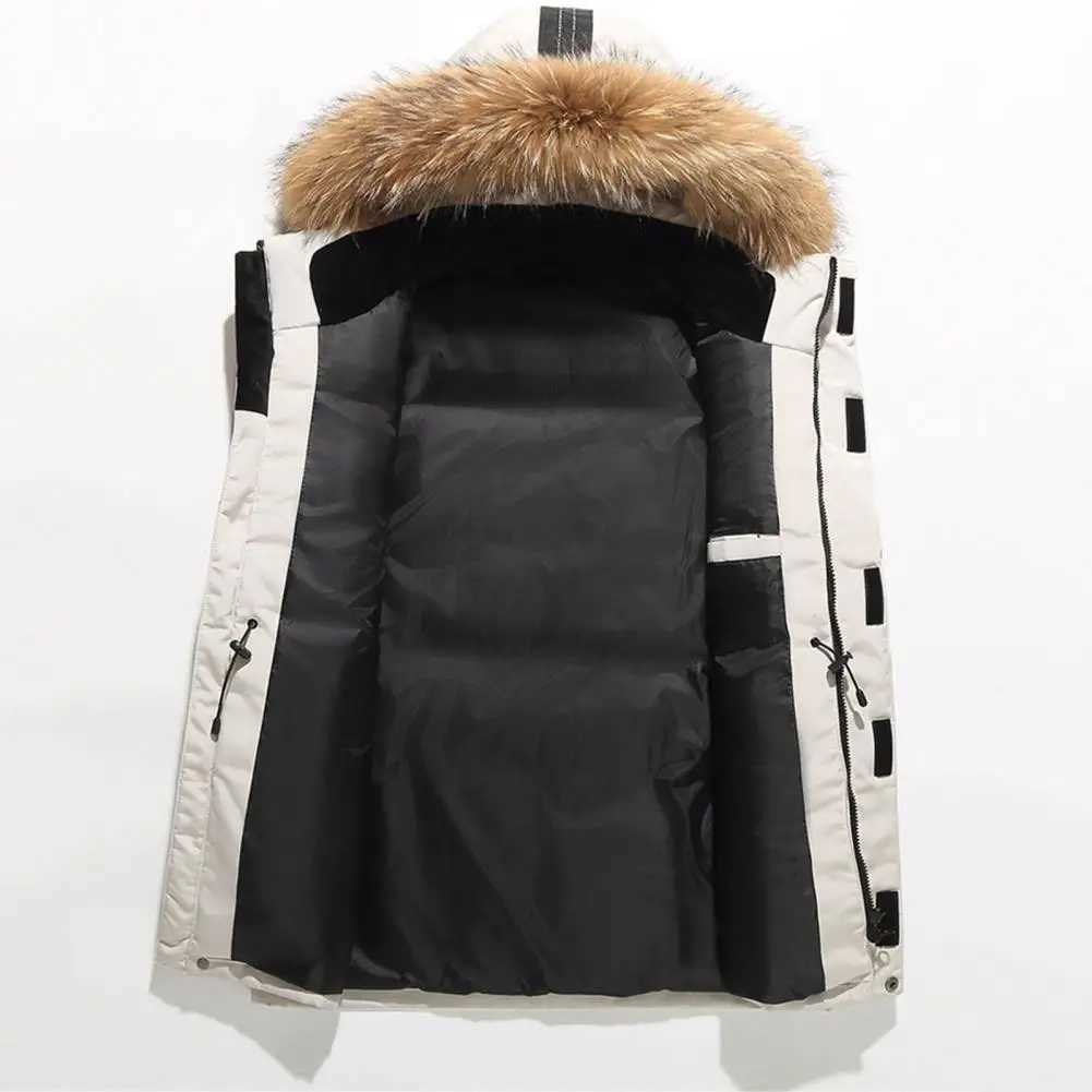 Warm Hooded Down Coat Mens Jacket with Faux Fur Trim Multiple Pockets Zipper Placket OutdoorT251107