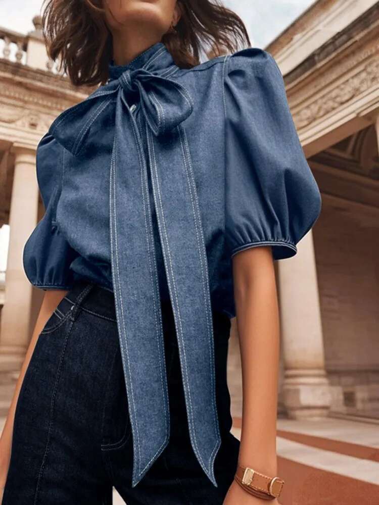 Gymystars Trendy Woman Clothes Imitation Denim Blouse Tops Elegant Puff Sleeves Bow-Embellished High Neck Summer Office Shirts