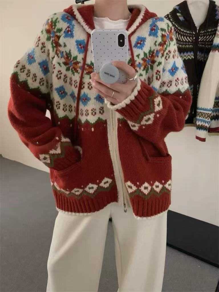 Autumn Winter Red THiCK Sweater Coat Women Christmas Fair Isle Jacquard Hooded Knitted Cardigan Warm W251107