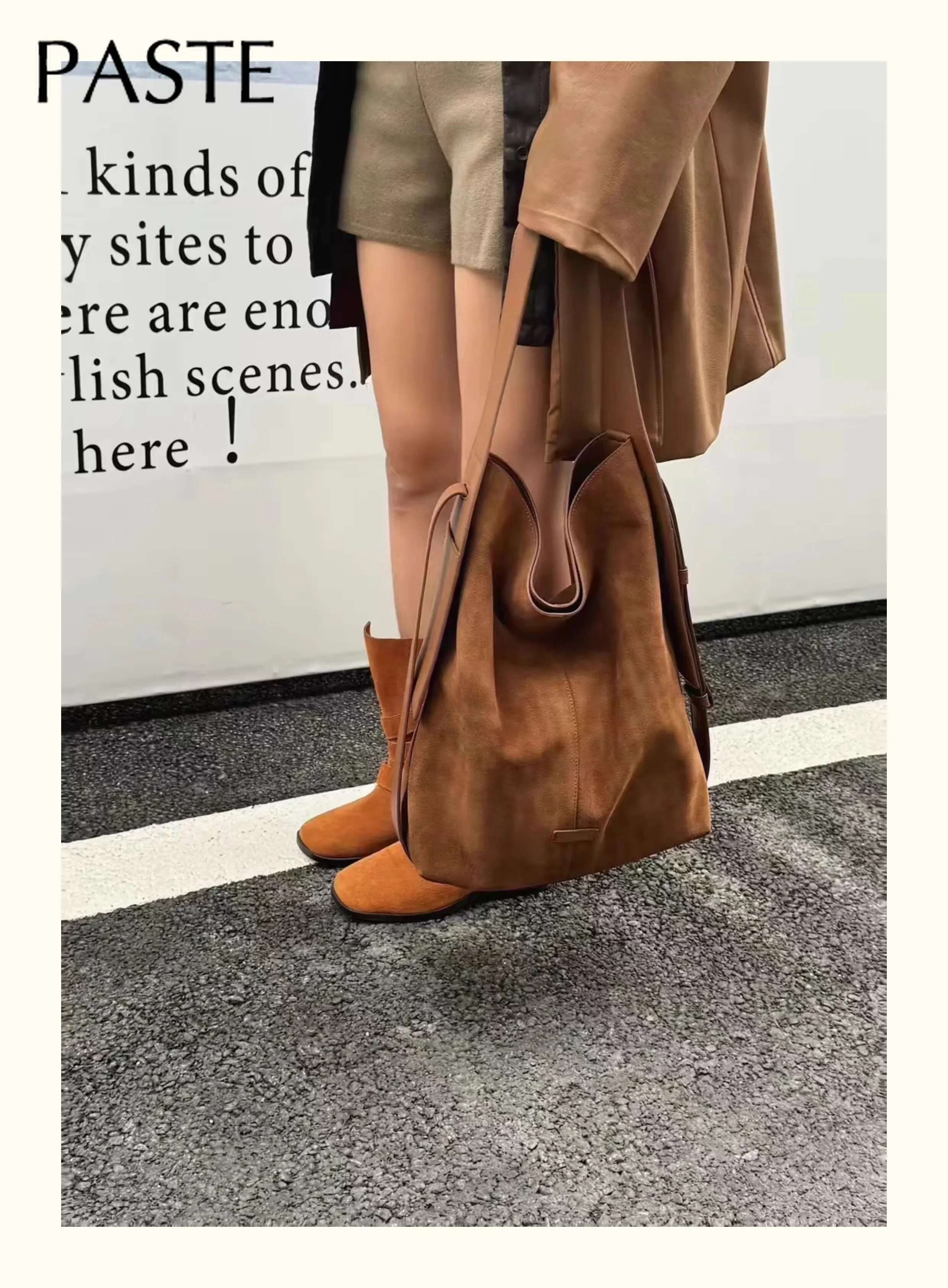 Ins Chic Slouchy Style Soft Touch Bucket Tote Big Genuine Suede Leather Women Shoulder Bag Matte Nubuck Office Ladies Handbag