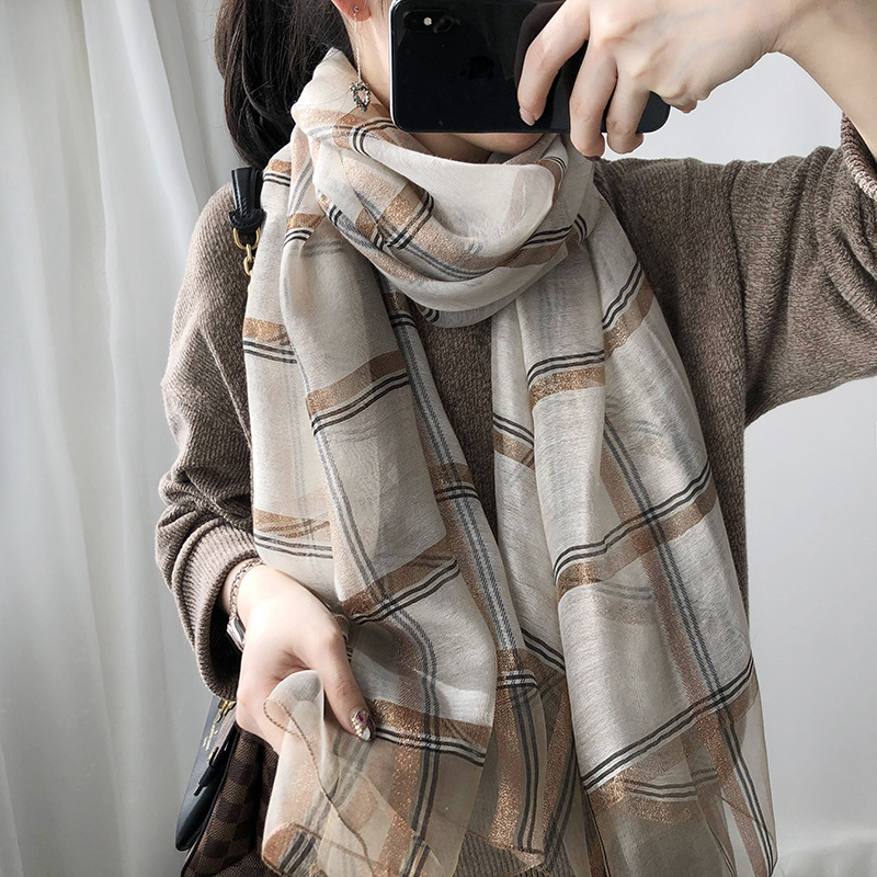 K329 Spring and autumn silk wool all-match scarf women's gold thread large plaid silk scarf autumn mulberry silk thin shawl long gauze scarf
