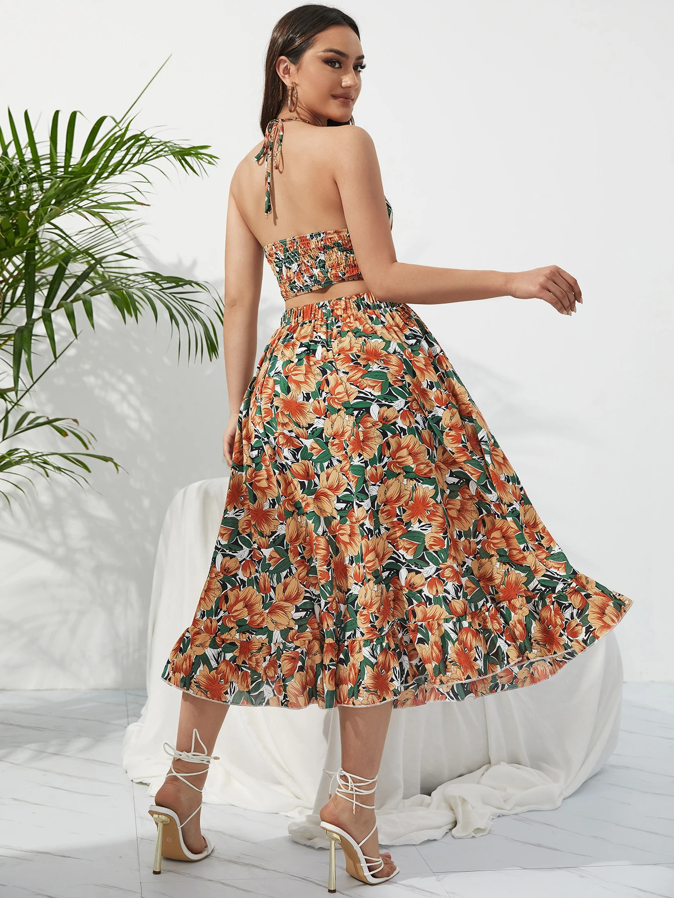 Summer Bohemian Bikini Set ALine Skiing Chic Womens Elastic Waist Two piece Ski Belt Beach Holiday Flower Print Midi 250313