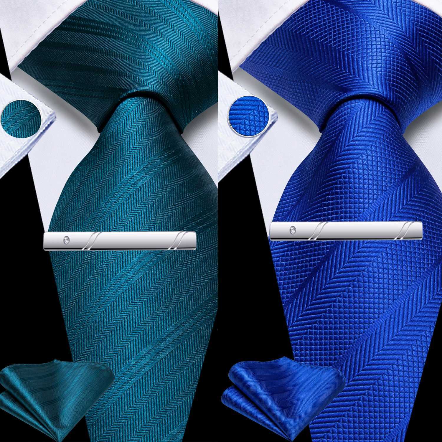 Hi-Tie Men Silk Striped Teal Blue Necktie Hankie Cufflink With Clip 4PC for Accessory Classic Gift Tie Dropsing X250407