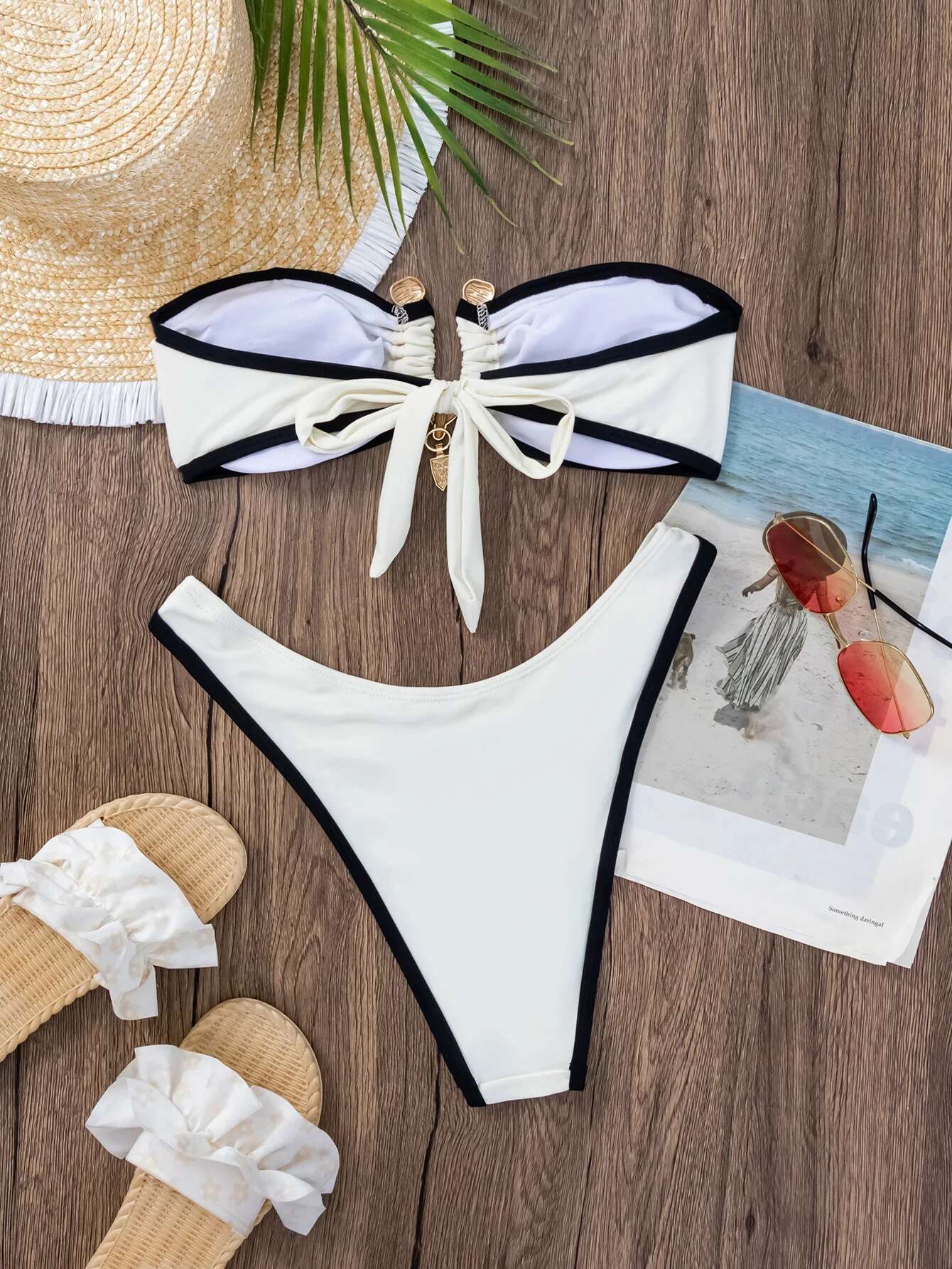 Dongdumaoyi Bandeau Bikini Women Sexy Beige Contrast Pleate Push Up Micro Swimwear Brazilian Cut Out Beach Bathing Suit Thong Swimsuit