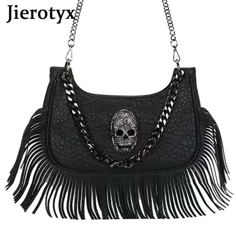 JIEROTYX Skull Face Fringed Hobo Shoulder Bag For Women Gothic Black Leather Crossbody Handbag Purse Chain Decor