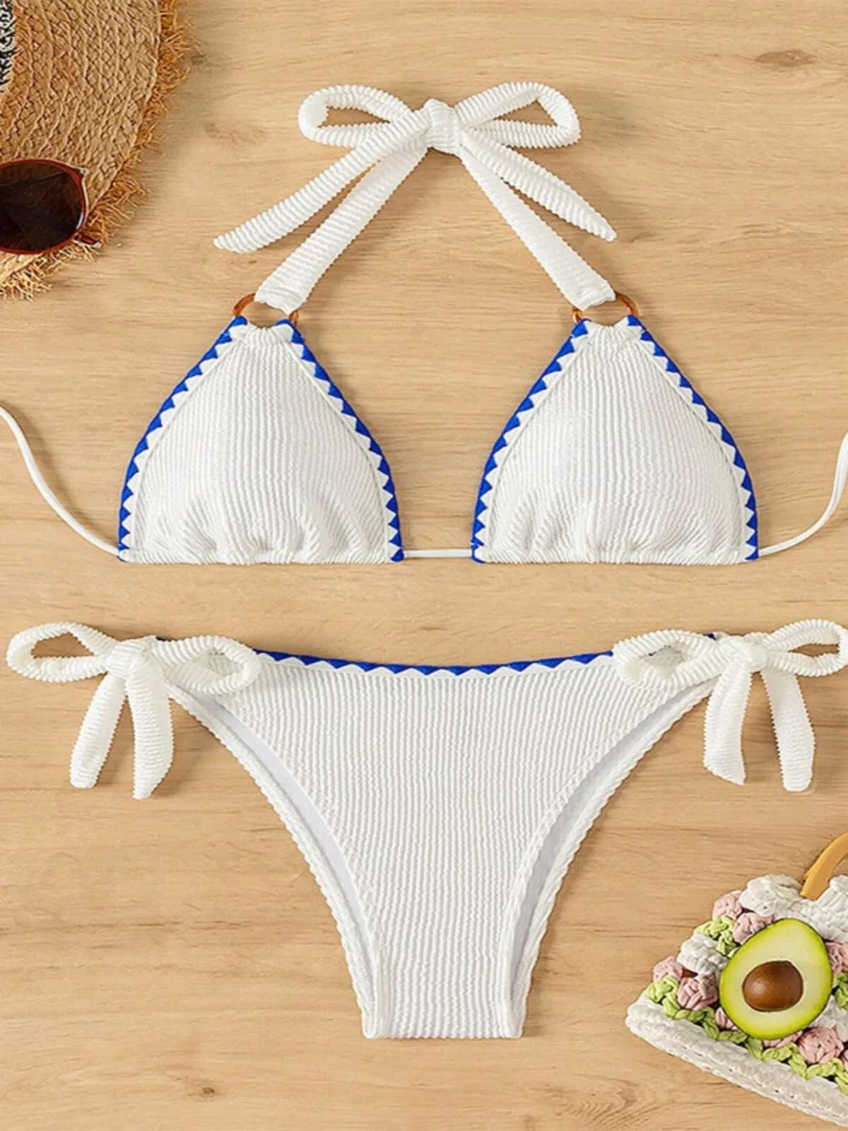 Dongdumaoyi White Two Piece Swimsuit For Women Low Waist Lace Up Halter Backless Bikini Set Sexy V Neck Triangle Beach Vacation Bathing Suit