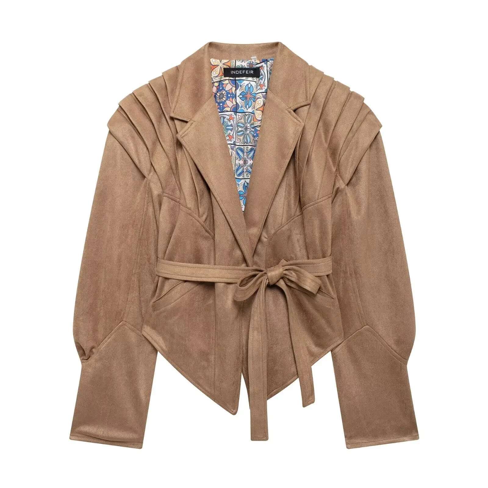 2024 Autumn New Women's Fashion Belt-Fitted Chamois Leather Jacket European And American Style Street Design Sensibility