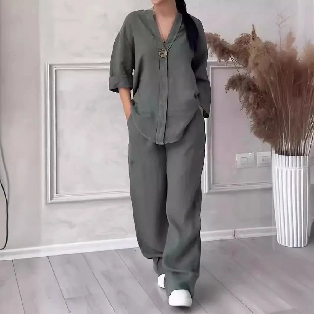 Cotton linen set of 2 pieces selling casual long sleeved button down loose shirt and high elasticity wide leg loose pants set NMD-3021 250401