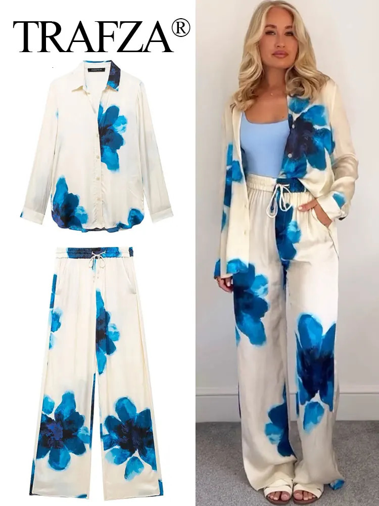 TRAFZA Womens Fashion Printed Shirt Pants Set Long Sleeve Collar Brushed Wide Leg Trouser Street Clothing 250313
