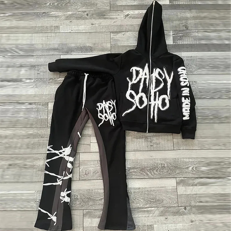Y2K hiphop European and American trend loose rope sweater letter printing splicing casual high street 250403