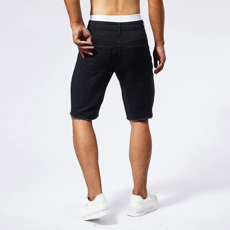 Summer Mens Ripped Denim Shorts Fashion Vintage Hole Streetwear Stretch Slim Kneelength Short Pants Trendy Male 250313
