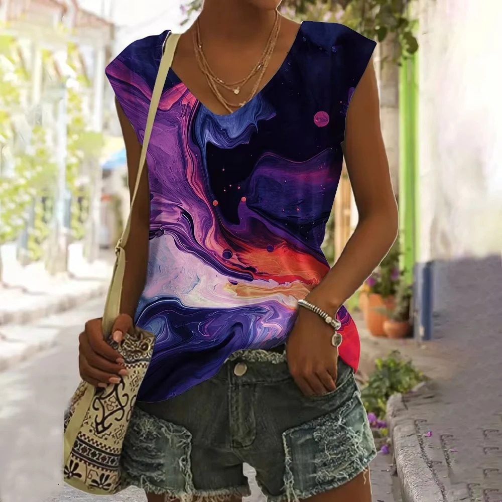 Summer Womens Tshirt Retro Pattern 3D Tank Top Fashion Vneck Short sleeved 250407