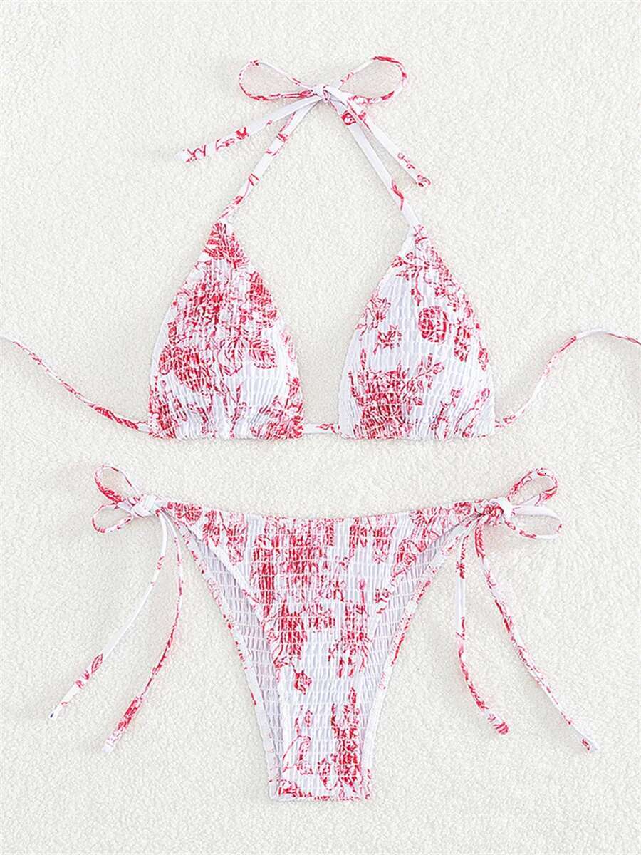 Dongdumaoyi Sexy Pleate Bikinis Sets Women Pink Floral Print Push Up Bra Micro Swimwear Brazilian Bathing Suit Tie Side Thong Swimsuit
