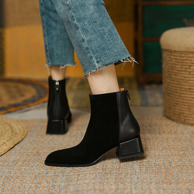 2021 Autumn Winter Women's Square Toe Simple Patchwork Brown Chunky Martin Suede Mid Free shipping Heel Back Zipper Short Boots For Women