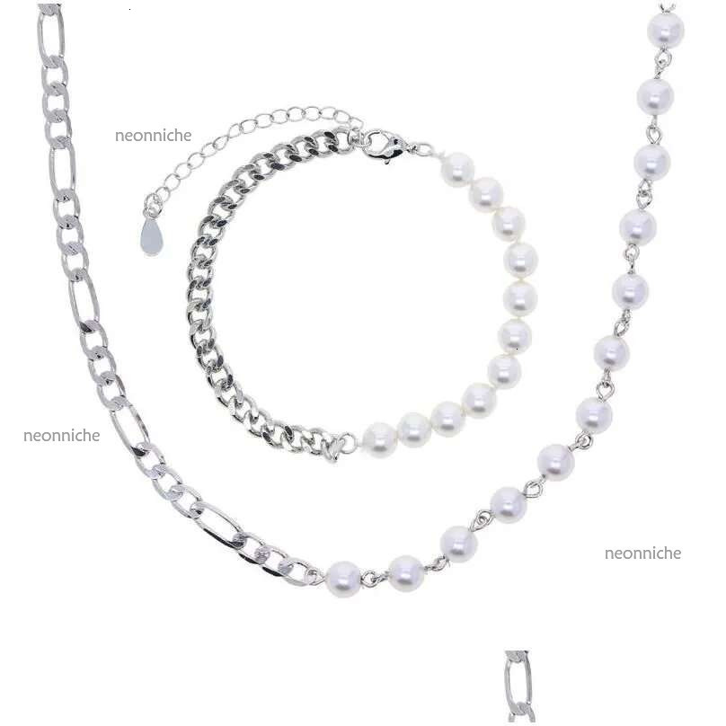 Other Jewelry Sets Classic Half Pearl Cuban Chain Beaded Necklace Bracelet Women Lady Girl New Fashion Iced Out Zirconia Hip Hop Best Ot6Wm