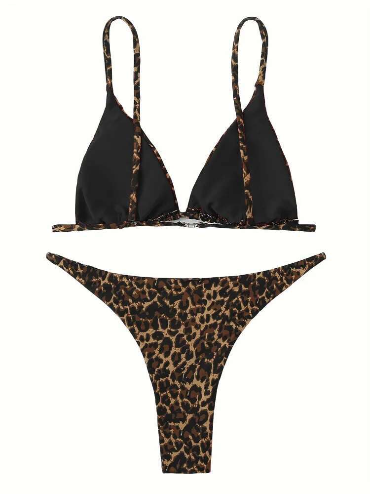 Dongdumaoyi Sexy Black Leopard Print Bikini Women Halter Push Up Bra Triangle Swimsuit Brazilian Cut Out Bathing Suit Micro Swimwear