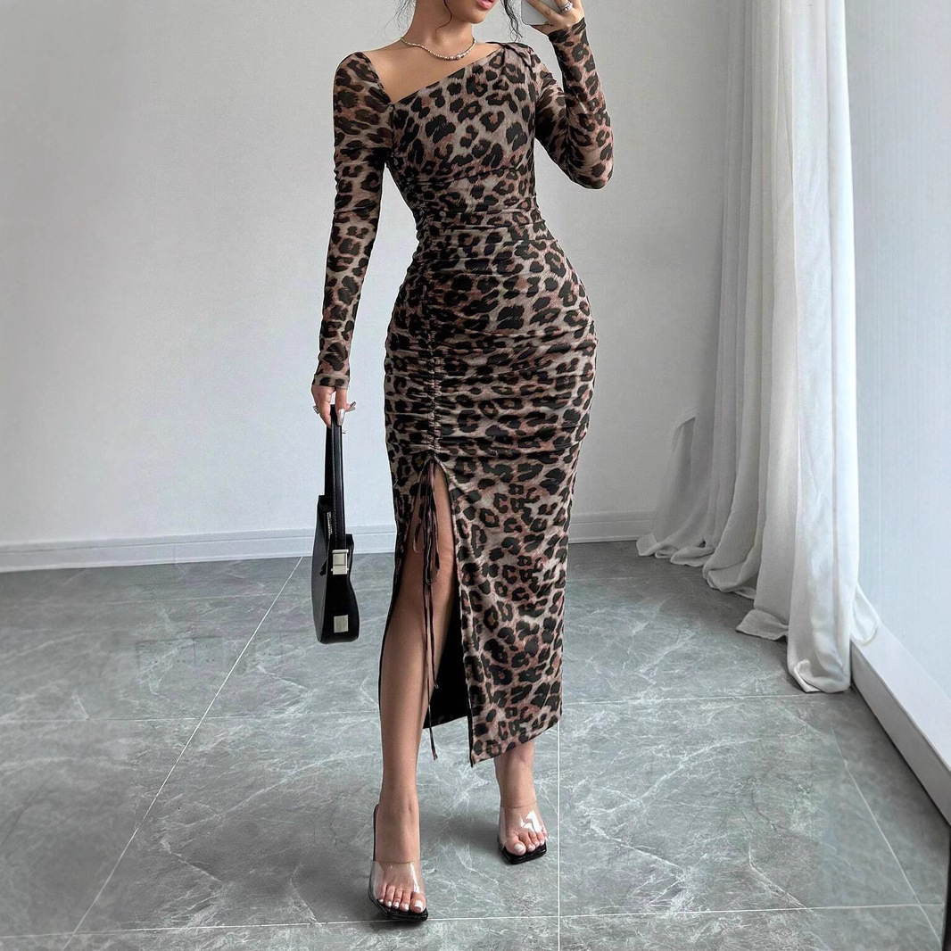 Leopard Print Round Neck Sexy Bodycon Long Dress For Women Long Dress Backless Summer Dresses Spring Autumn Party Club Vestidos 240819