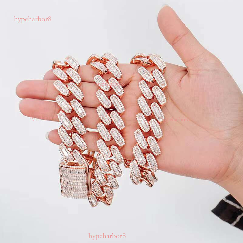Hip Hop Rose Gold Plated Pure Sier Miami Heavy Long Stick Bread Iced VVS Mosan Stone Cuban Chain Necklace