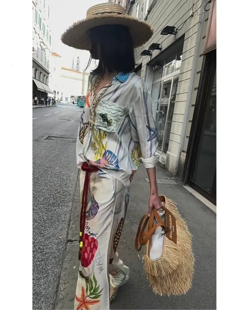 Bohemia Satin Print Loose Pants Sets Women Causal Long Sleeve Shirts Two Piece Female Beach Summer Outfits Streetwear 250313