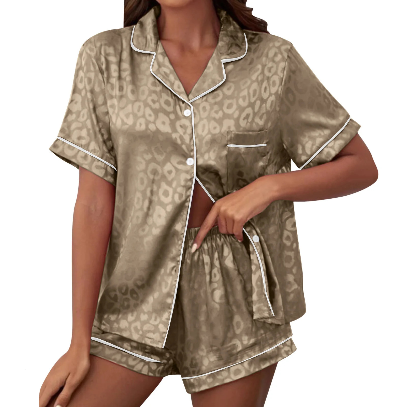 Pajama Set Womens Leopard Satin Short Sleeve Button Top with PJ Underwear 3XL 250313