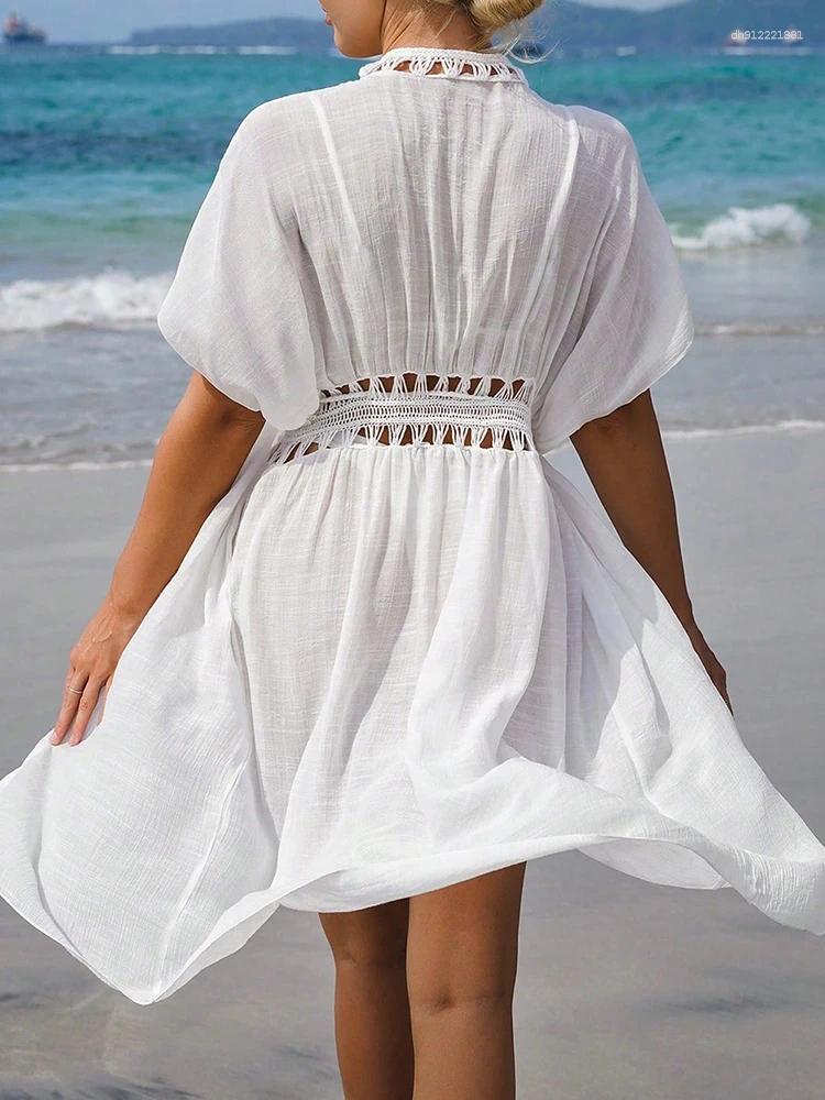 Summer Dress Lady Crochet Boho Beach Swimsuit Bikini Cover Up Lace-Up Long Blouse Hollow Out Open-Front Cover-Up Duster Kimono