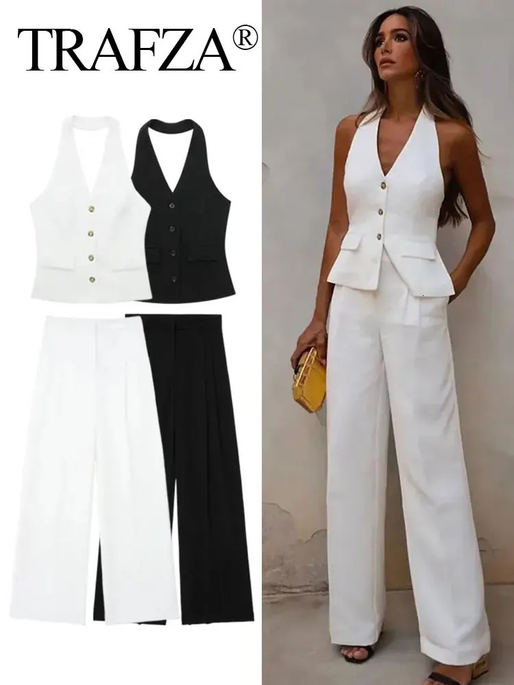 TRAFZA Women Fashion Solid Pant Suit Holder Single Breasted Sleeveless Blazer Vest Top Zipper Fly Trousers Office Lady Sets 250313