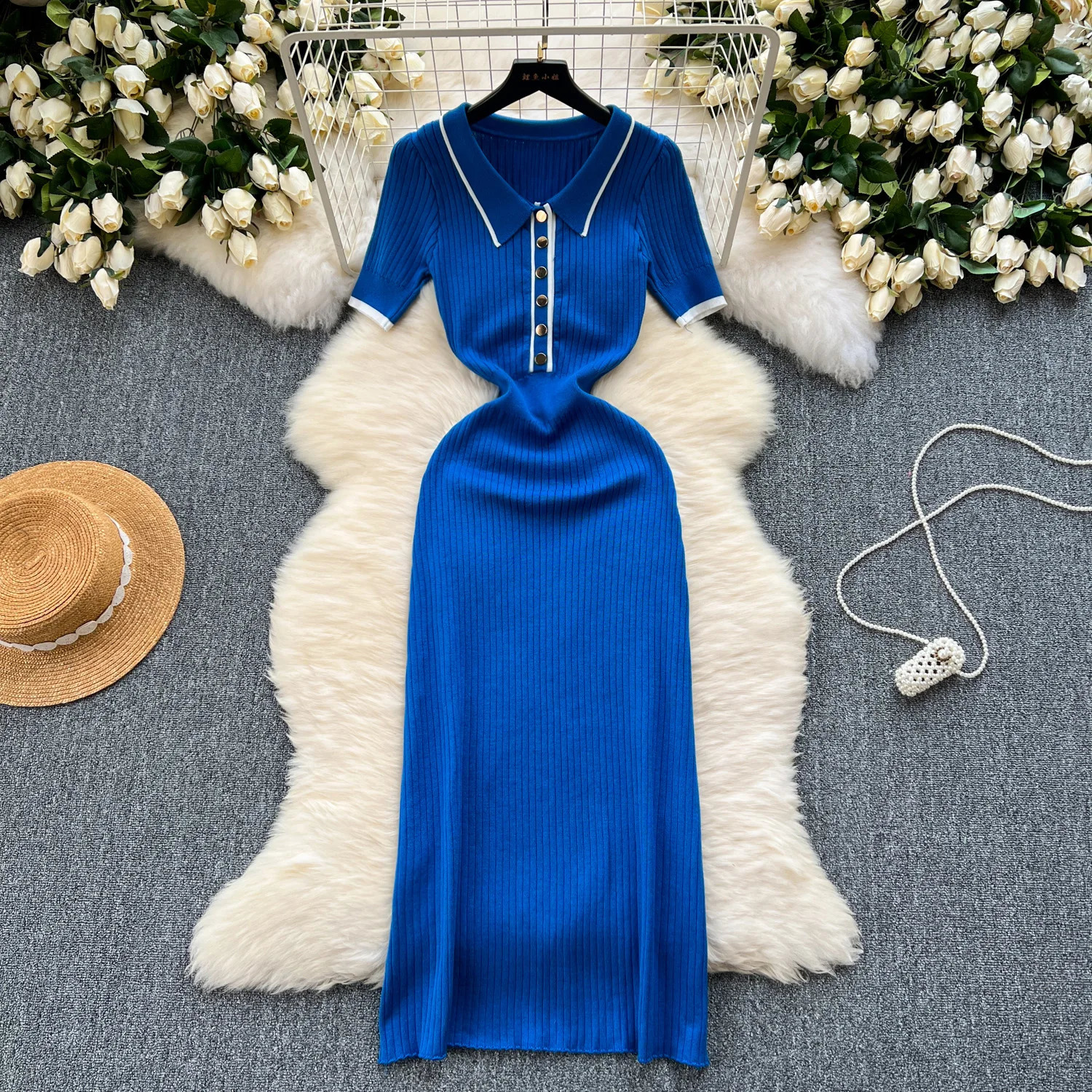 EFT Summer Womens Polo Knitted Dress Color Lock Elegant Short Sleeve Button Body Wrap Dress 250402