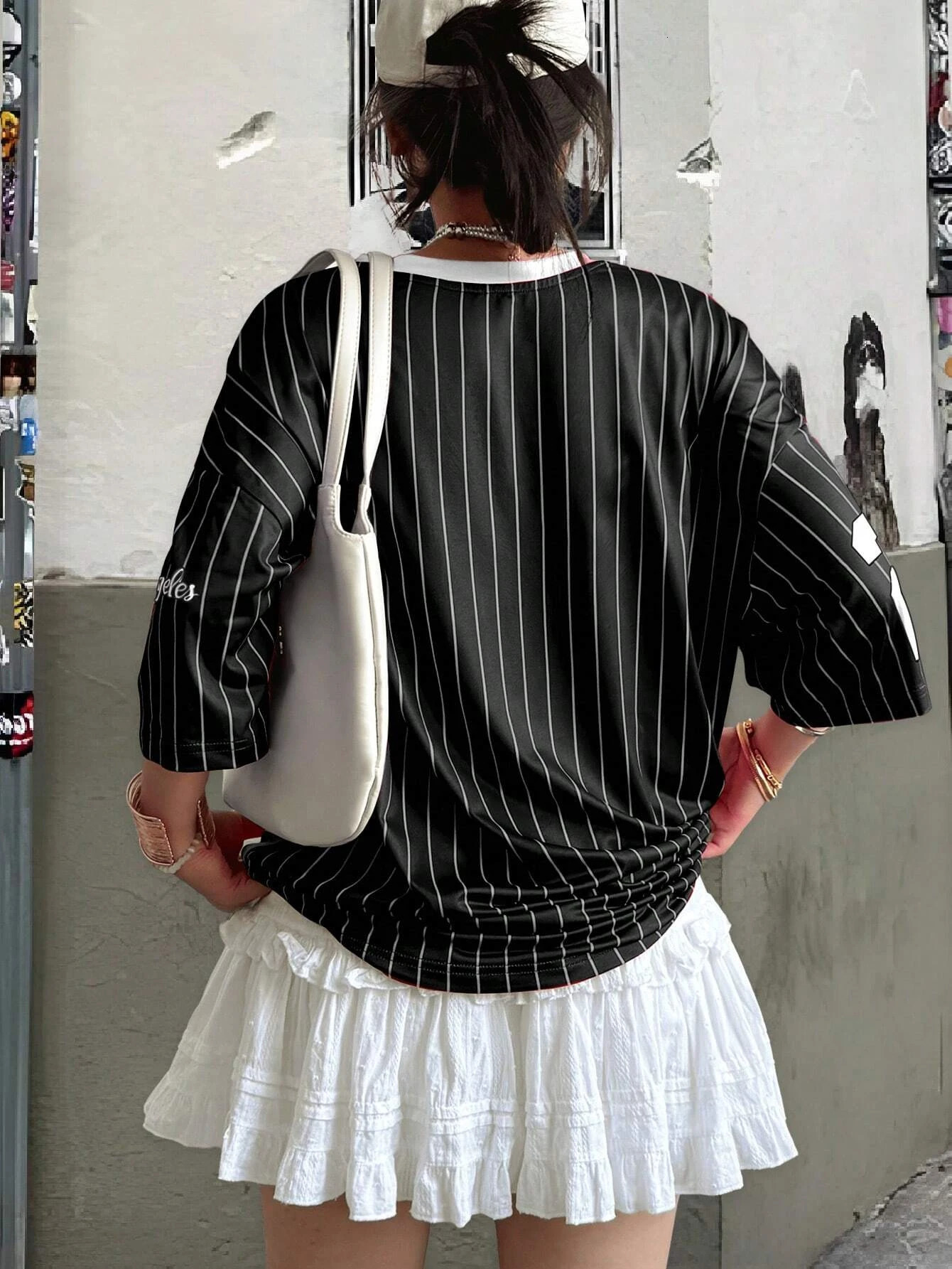 INAWLYNS womens casual sports style # 23 and letter stripe splicing work print loose fashionable Vneck Tshirt short sleeved top 250407