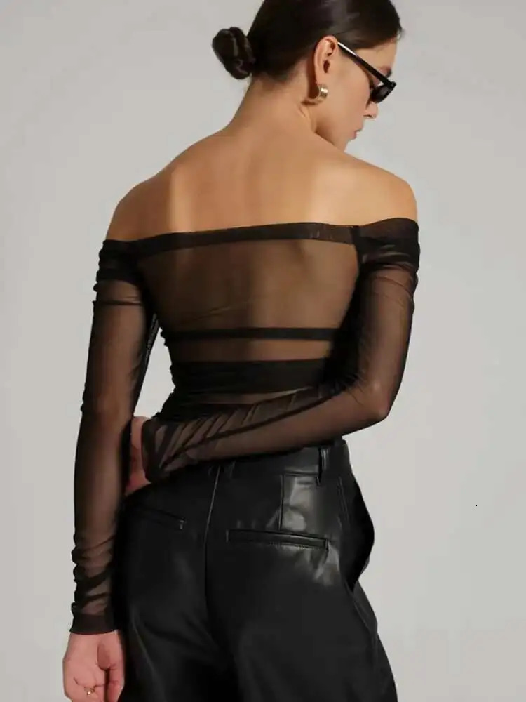 Fantoye sexy see through mesh womens Tshirt white long sleeved shoulder pleated summer ultrathin casual outdoor street clothing 250407