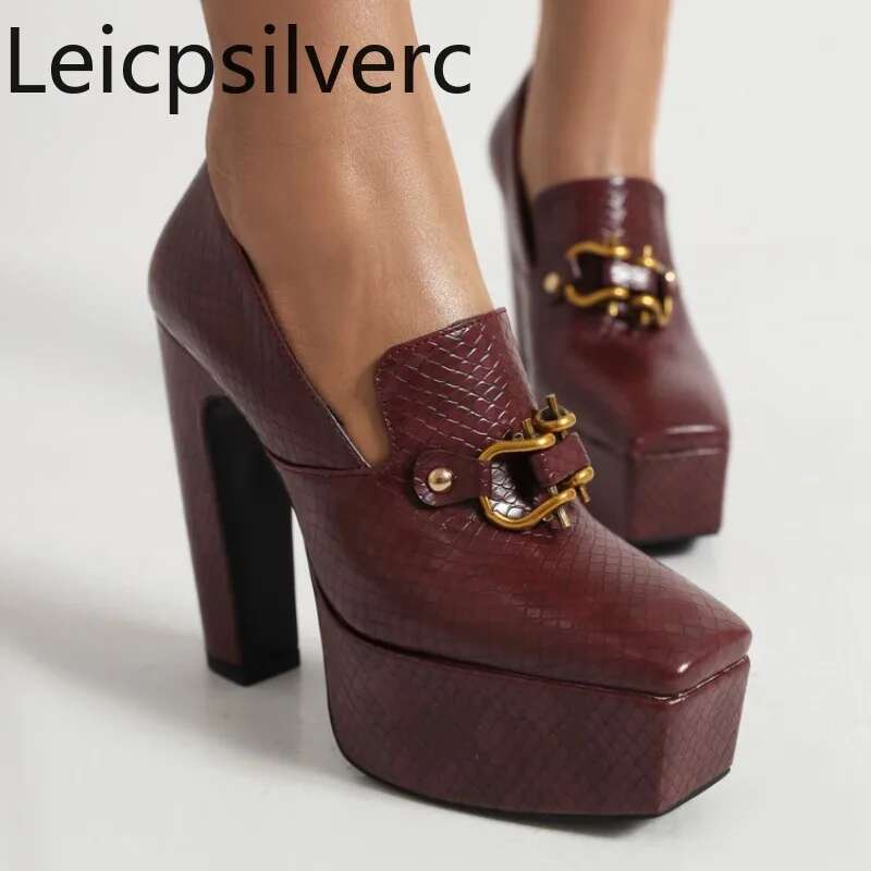 Spring Autumn New Styles Fashion High Women Shoes Solid PU Metal Decoration Square Toe Slip-On Party Heels Women High 13Cm