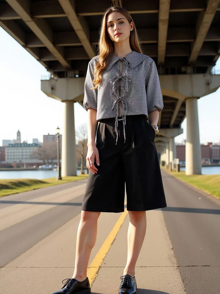 TRAFZA Womens Green Plain Shirt Flip Collar Short Sleeve Lace Top Fashion Sweet 250407