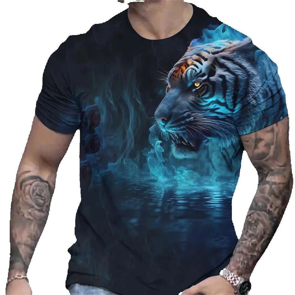 3D animal printed tiger summer short sleeved sweater oversized casual T-shirt top men's clothing