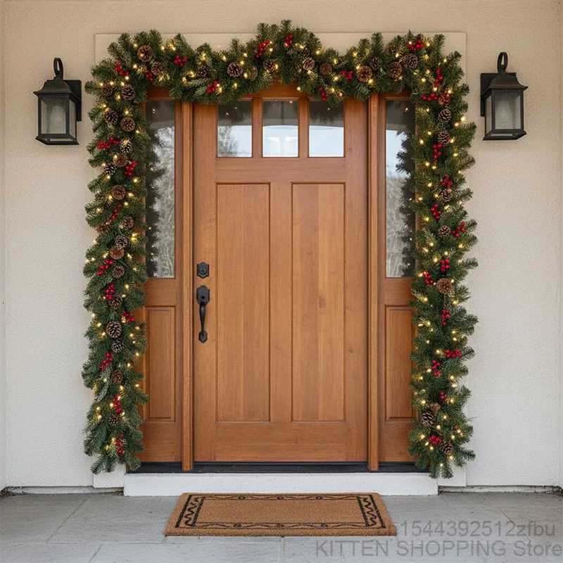 Christmas 27M Christmas Garland Glow Wreath with Pinecones Red Berries Artificial Christmas Garland Winter Holiday Christmas Decoration Y251106