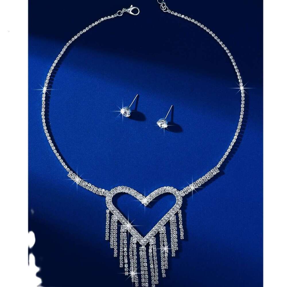 Light and high-end feeg, bridal heart-shaped rhie necklace, hot niche tassel paired with formal dress jewelry set