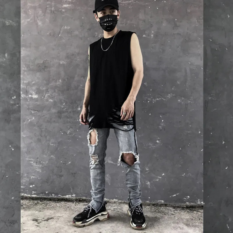 Mens summer ripped hole retro punk vest street hip-hop vest mens oversized vest sleeveless shirt 250403