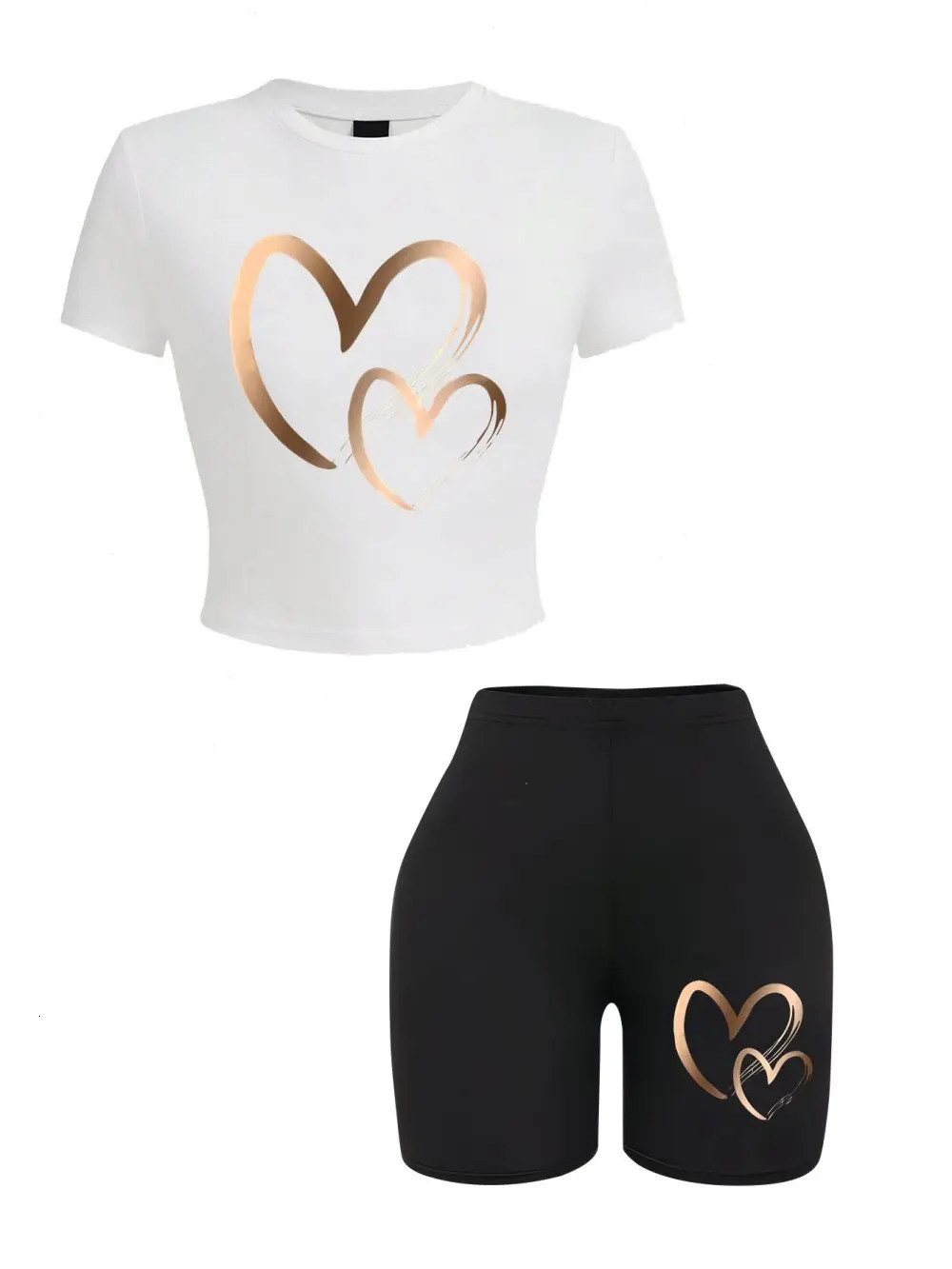 Summer womens slim fit T-shirt and shorts 2-piece set simple heart-shaped pattern printed crop top fashionable high elasticity soft clothing 250402